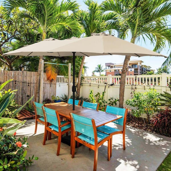 15 ft. Market Patio Umbrella 2-Side in Beige with Mobile Base
