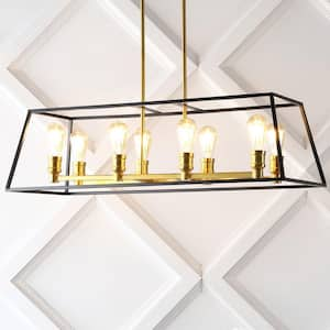 Liane 35 in. 8-Light Black/Brass Gold Farmhouse Industrial Iron Linear LED Cage Pendant