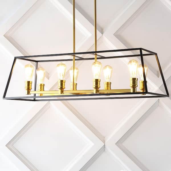 JONATHAN Y Liane 35 in. 8-Light Black/Brass Gold Farmhouse Industrial Iron Linear LED Cage Pendant
