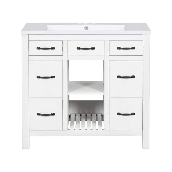 Zeus & Ruta 36 in. W x 18 in. D x 33 in. H Single Sink Bath Vanity in White with White Resin Top, 2 Drawers and 2 Doors