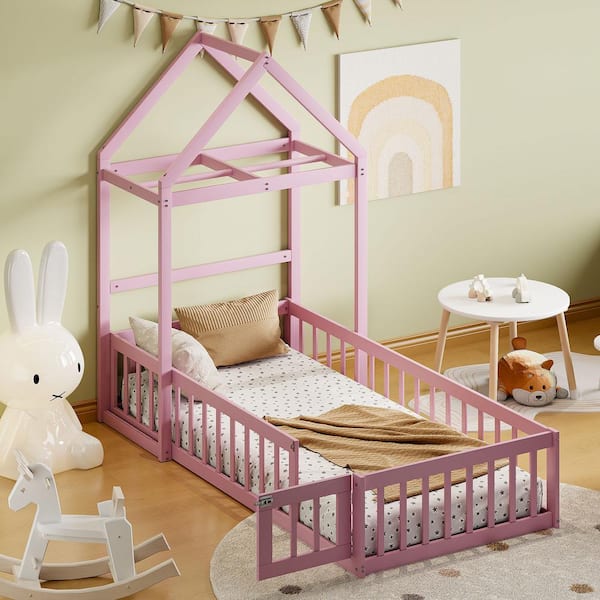 Harper & Bright Designs Pink Twin Wooden House Bed with Integrated Detachable Clothes Drying Rack and Headboard