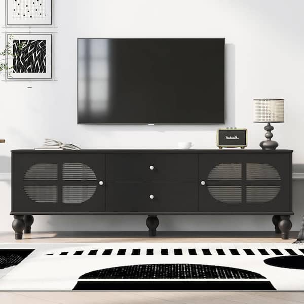 JUJABU 68.9 in. Black TV Stand Modern Entertainment Center Media Console with Fluted Glass Doors to 75 in.