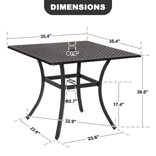 Black with Gold Speckles Cast Aluminum Square Outdoor Dining Table with Umbrella Hole and Mesh Tabletop