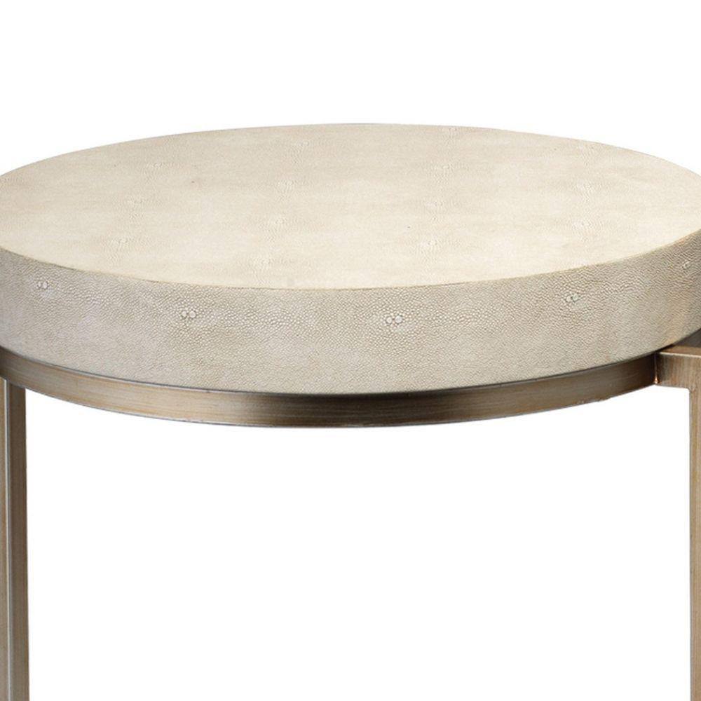 Round White and Gold Metal Side Table with Faux Shagreen Top