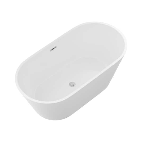 59 in. x 29.5 in. Acrylic Freestanding Soaking Bathtub with Center Drain in White, Chrome Overflow & Pop-Up Drain