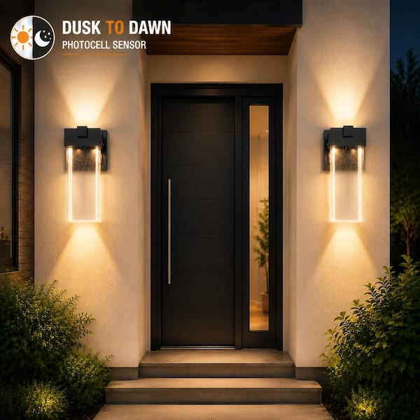 12 in. Black Motion Sensing Dusk to Dawn Outdoor Hardwired Wall Lantern Scone with LED Bulb