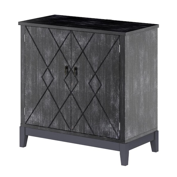 FUFU&GAGA Black Gray Wooden Grain Accent Storage Cabinet, Sideboard with 2 Shelves, Retro, Chronological, & Mysterious