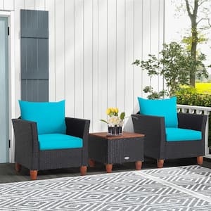 3-Pieces Patio Rattan Furniture Set Cushioned Sofa Storage Table Wood Top Turquoise