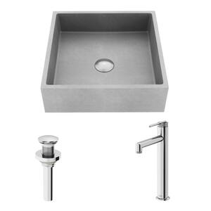 Alhambra Concreto Stone Square Bathroom Vessel Sink in Gray with Sterling Faucet and Pop-Up Drain in Chrome