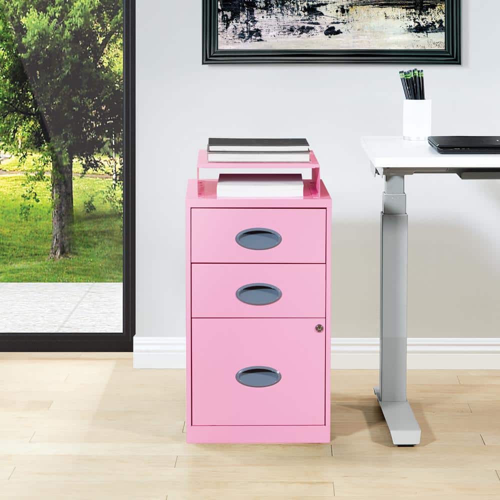 Pink 3-Drawer Lockable Metal File Cabinet with Top Shelf