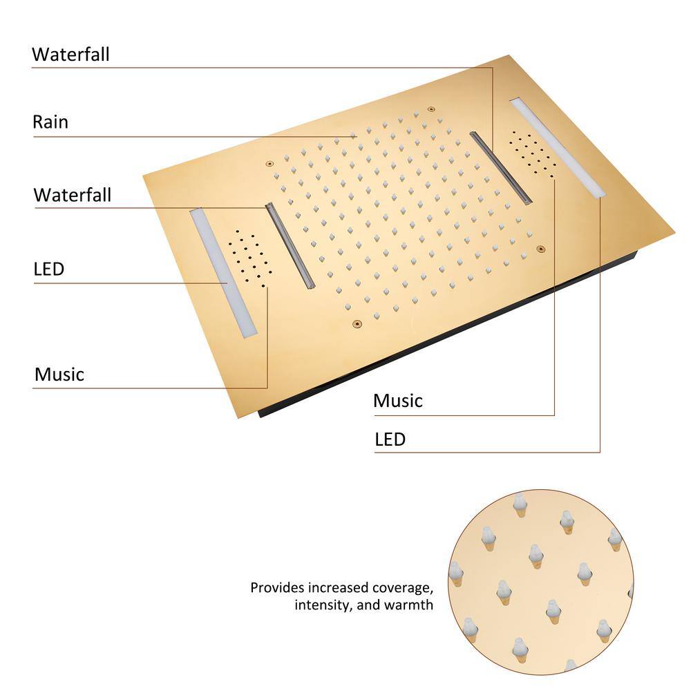 Brushed Gold Large Dual Rectangle Ceiling Mounted Shower System with LED and Bluetooth