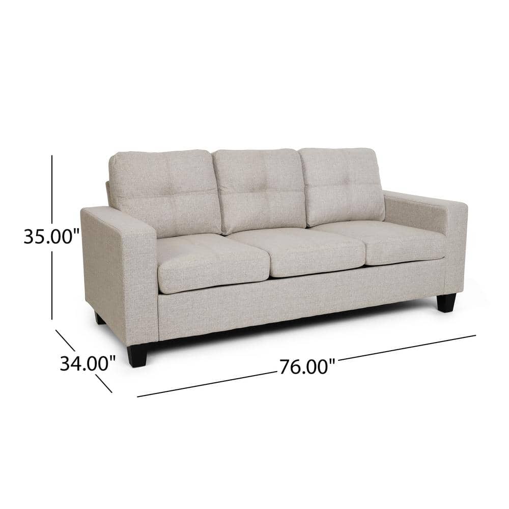 Beige and Espresso 76" Tufted Polyester and Wood 3-Seater Sofa