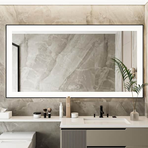 GOGEXX 60 in. W x 32 in. H Sliver Vanity Mirror Modern Framed Rectangular Smart Anti-Fog LED Light Bathroom Wall with 3-Color