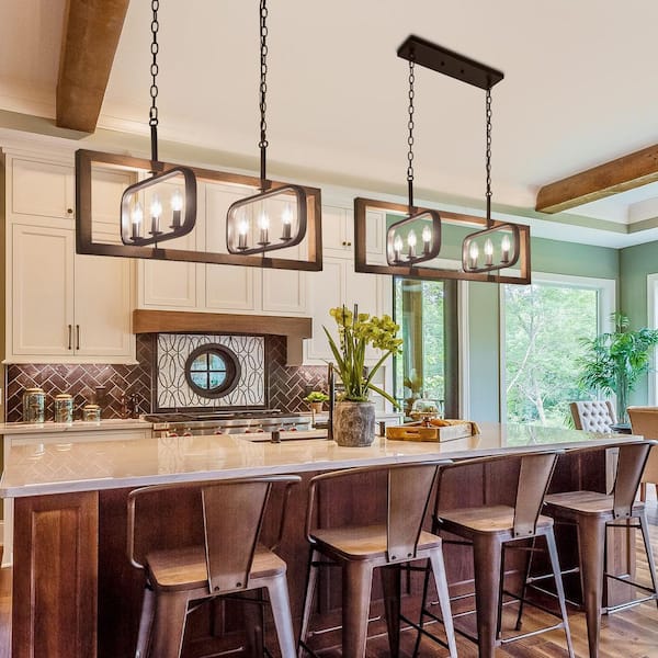 Modern Farmhouse 31 in. Black 6-Light Candlestick Chandelier with Rustic Wooden Cage Transitional Large Island Pendant
