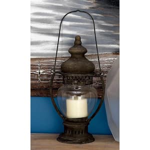 14 in. H Brown Metal Decorative Candle Lantern with Handle