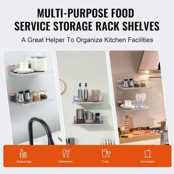 VEVOR Stainless Steel Shelf 24 in. x 8.6 in. Wall Mounted Floating Shelving with Brackets Pantry Organizers, Silver