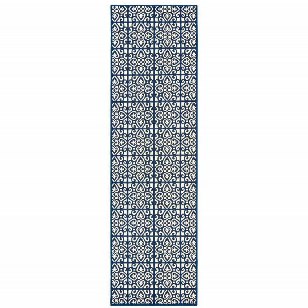 Ivory, Blue 2 ft. x 8 ft. Loomed Geometric Polypropylene Rectangle Indoor/Outdoor Area Rug price history on PriceWatchPro