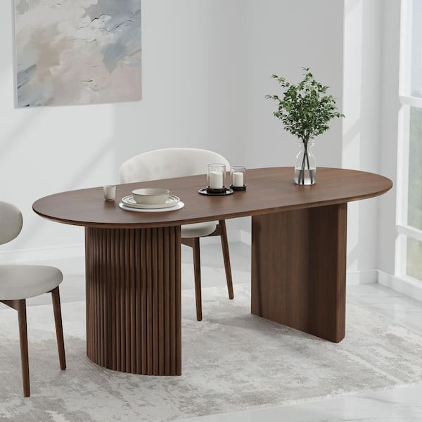 Dovelina Abberton Walnut Color Oak Wood Double Pedestal Base 67 in. x 33.5 in. Oval Dining Table (Seats 6)