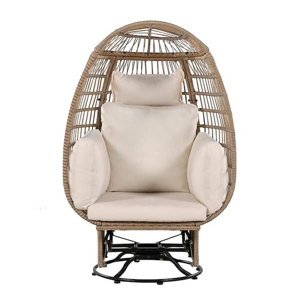 Tenleaf Natural Beige Wicker Rattan Egg Swivel Outdoor Lounge Chair with Beige Cushions Rocking Function