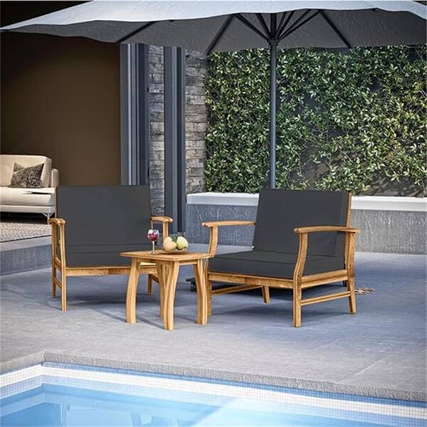 Unbranded 3 -Pieces Wood Patio Conversation Set with Black Cushion Waterproof