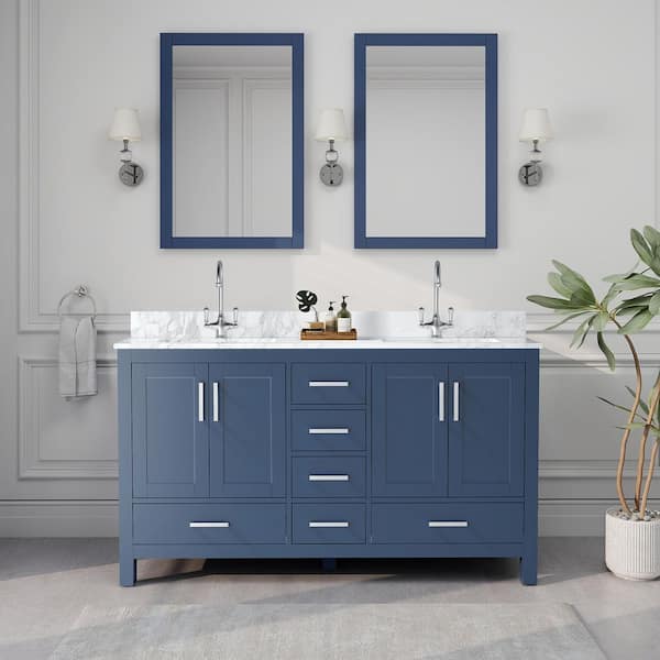 SJ STAR&JANE 60 in. W x 22 in. D x 34 in. H Bath Vanity in Blue with White Carrara Marble Top with Basin