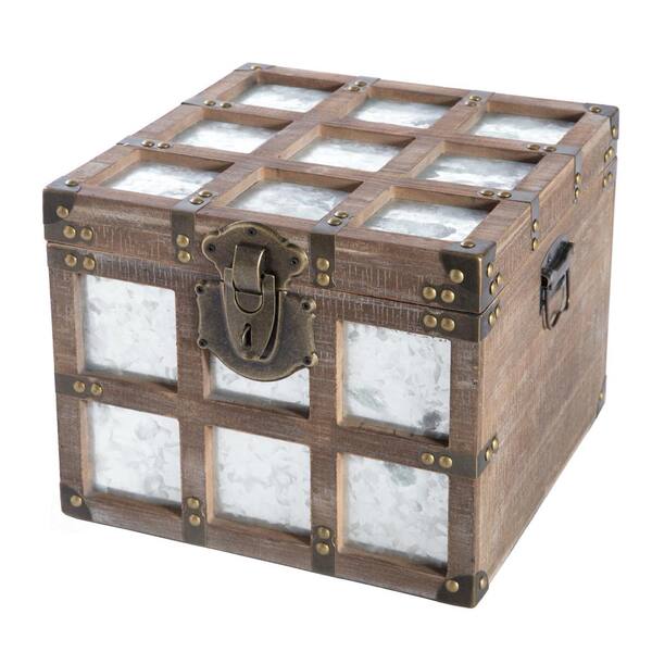 Vintiquewise Wooden Leather Round Top Treasure Chest Decorative Storage Trunk with Lockable Latch