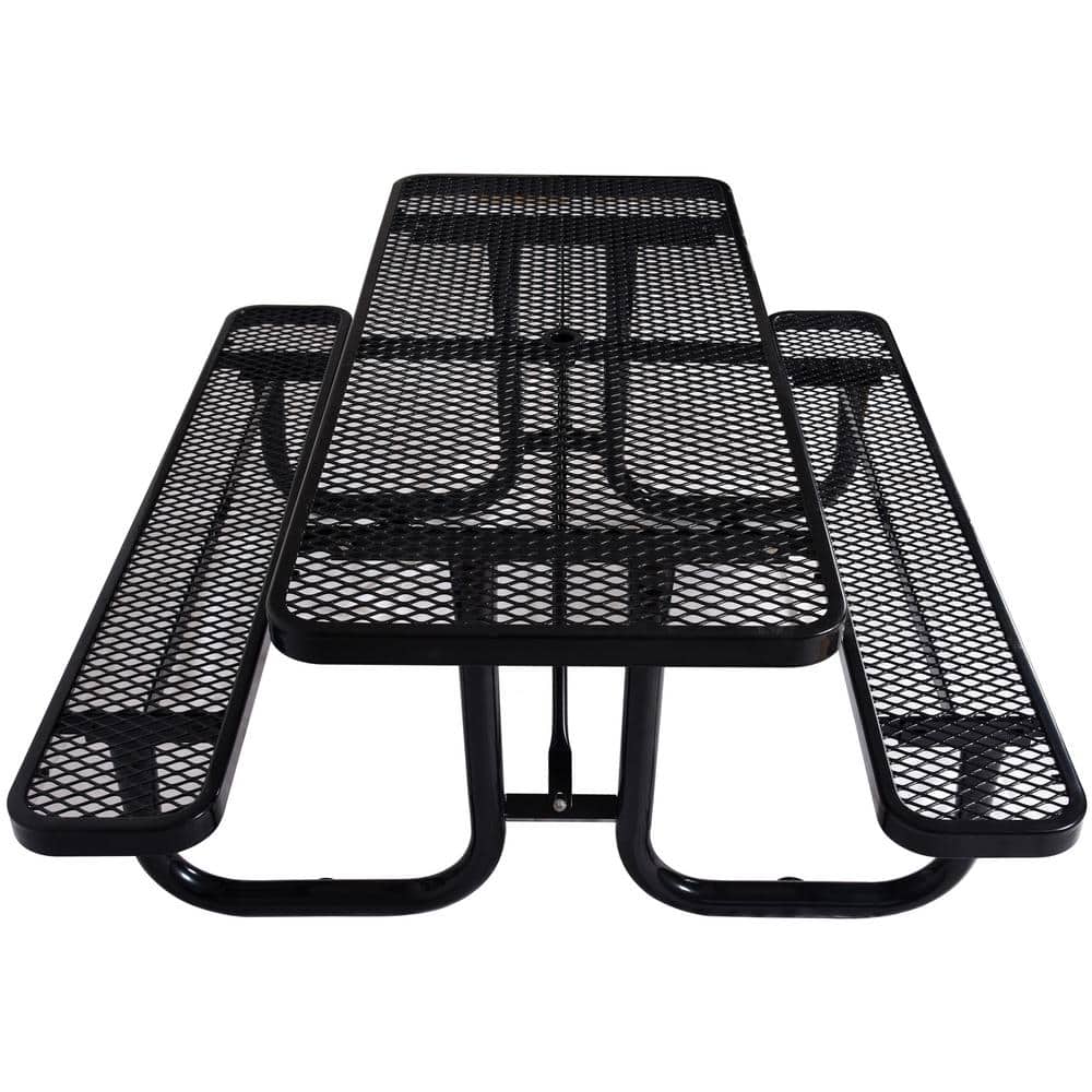 72 in. Black Rectangle Carbon Steel Picnic Table Seats 6-People with 2-Beac