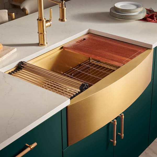 Monaco 33 in. Apron-Front Farmhouse Single Bowl 16-Gauge Stainless Steel Workstation Kitchen Sink in Matte Gold