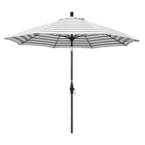 9 ft. Fiberglass Market Collar Tilt Stone Black Patio Umbrella in Gray White Cabana Stripe Olefin
