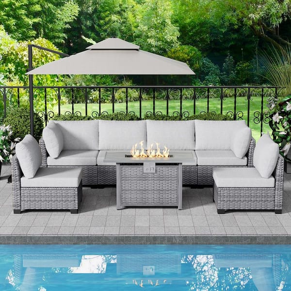 7-Piece Gray Wicker Steel Outdoor Patio Conversation Set with Light Gray Cushions and Rectangular Fire Pit Table