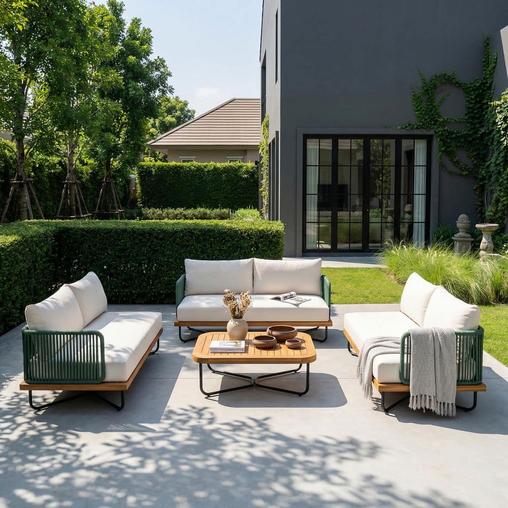 Delling 4-Piece Solid Wood Patio Conversation Set with Green Rope and Beige Cushions