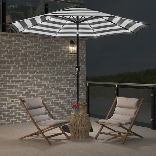 Maypex 9 ft. Steel Market Crank and Tilt Solar LED Lighted Patio Umbrella in Black and White Stripe