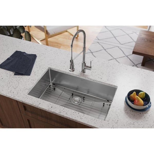 Pearlhaus 33 Inch Single Bowl Drop In Drain Board Utility Sink - 8 Inch  Faucet Drillings - Brushed Stainless Steel