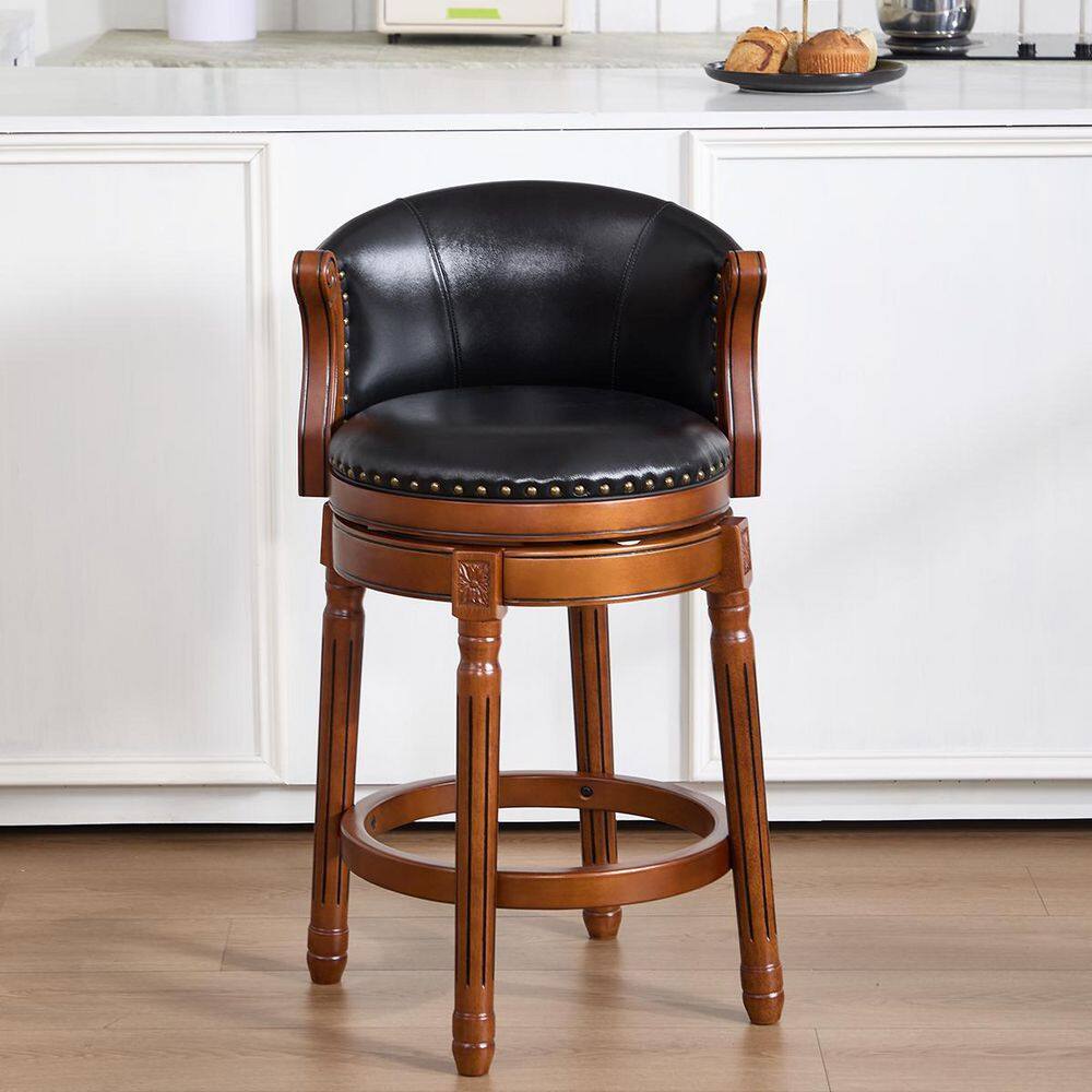 34.6 in. H Black Low Back Wood Bar Stool with Cow top Leather, 360