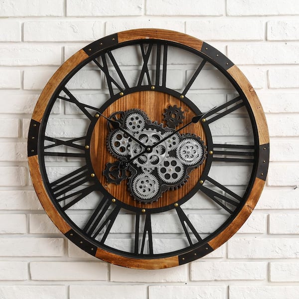 Glitzhome 26 77 In D Industrial Wooden Metal Round Gear Wall Clock 2009500004 The Home Depot - Gear Wall Clocks Metal