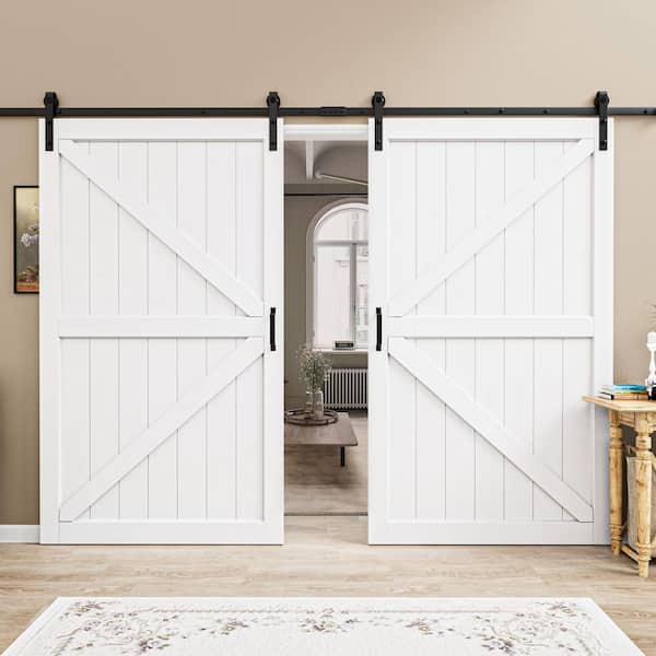 96 in. x 84 in. Paneled Off White Primed MDF British K Shape MDF Sliding Barn Door with Hardware Kit and Soft Close