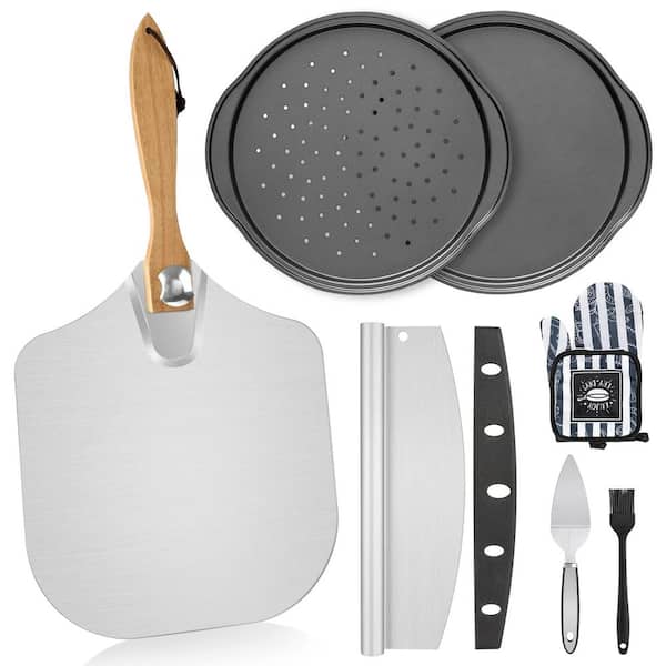 Foldable 7-Piece Wood Pizza Peel Set, Rocker Cutter Oven Mitts Brush Aluminum, Homemade Accessories Server Set