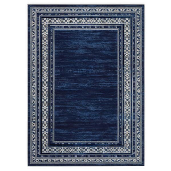 9 ft. x 12 ft. Blue Washable Area Rug, Modern Border Low Pile Non Slip Carpet for Living Room Bedroom Dining Room