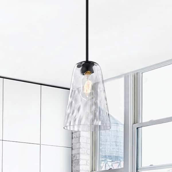 1-Light Matte Black 8 in. Pendant Light with Hammered Glass Shade