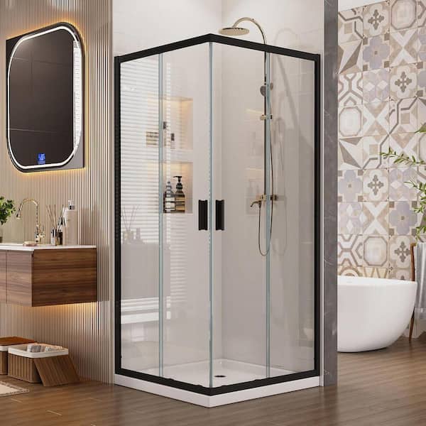 36 in. D x 36 in. W x 76 in. H Framed Corner Sliding Shower Enclosure in Matte Black with 1/4 in Clear Tempered Glass