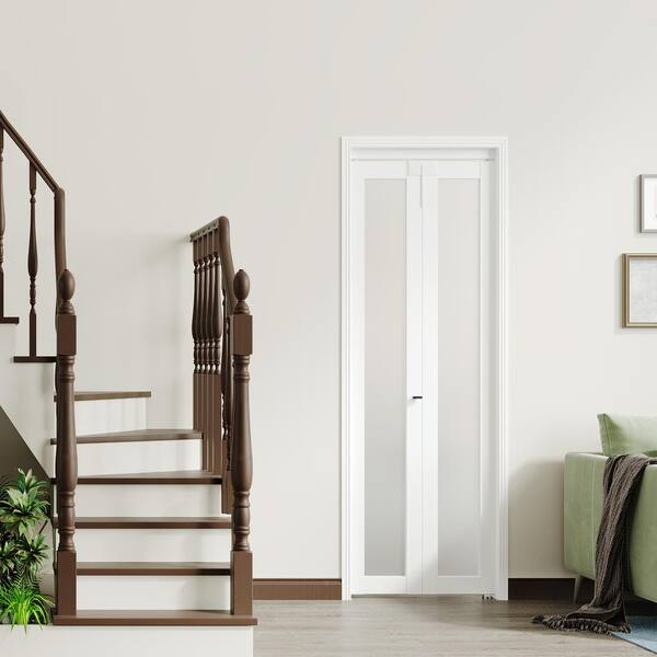 24 in. x 80 in. Frosted Glass Solid Core White Single Lite MDF Bi-fold Door with Lock, Handle and Hardware Kits
