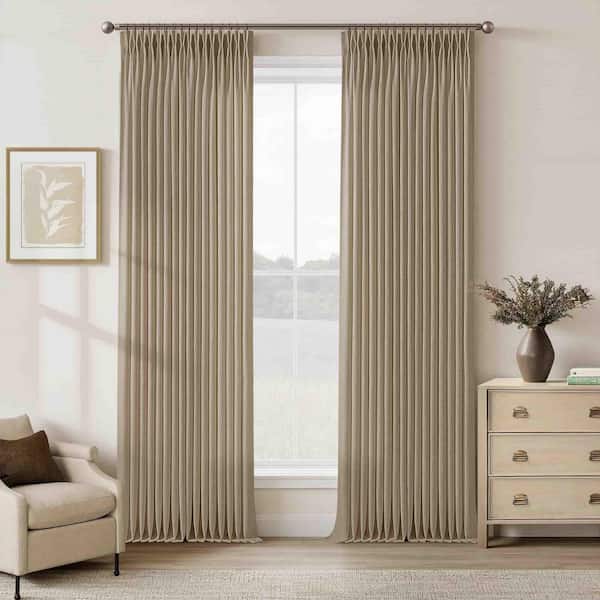 Camel Tan Linen Blend Pleated 50 in. W x 96 in. L Back Tab Light Filtering Curtain (Set of 2)