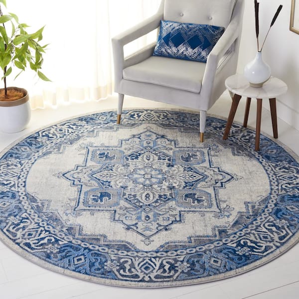 Brentwood 7 ft. x 7 ft. Blue/Light Gray Floral Medallion Ornate Round Area Rug