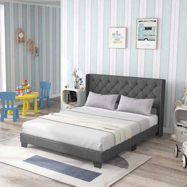 Gray Wood Frame Queen Size Upholstered Platform Bed Tufted Headboard Mattress Foundation