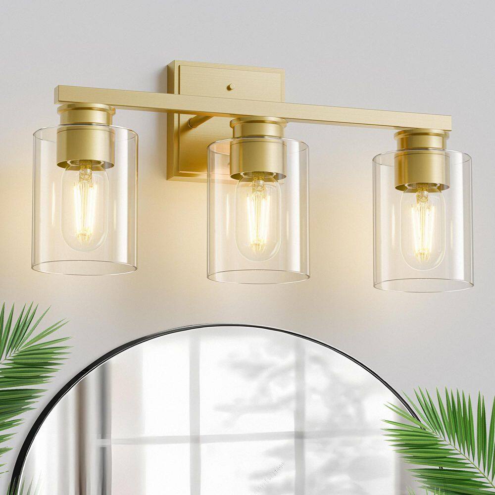 18 in. 3-Light Gold Vanity Light for Powder Room or Dressing Room with Cylinder Clear Glass Shades price history on PriceWatchPro