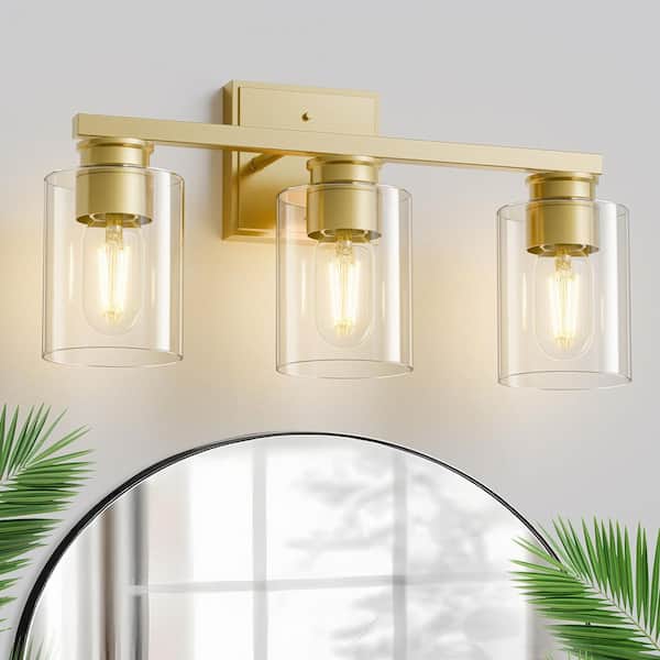 18 in. 3-Light Gold Vanity Light for Powder Room or Dressing Room with Cylinder Clear Glass Shades
