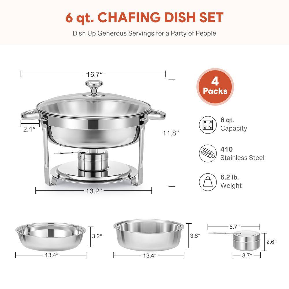 Premium Stainless Steel Round Chafing Dish Set, 6 QT, 4 Pack