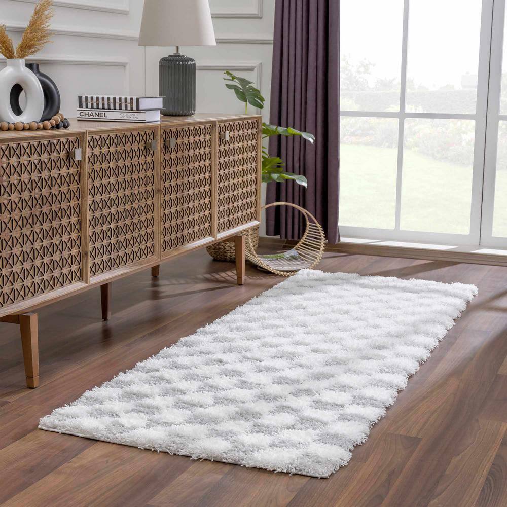 Light Gray and Cream Checkered Shag Synthetic Area Rug 7'10" x 10'3"