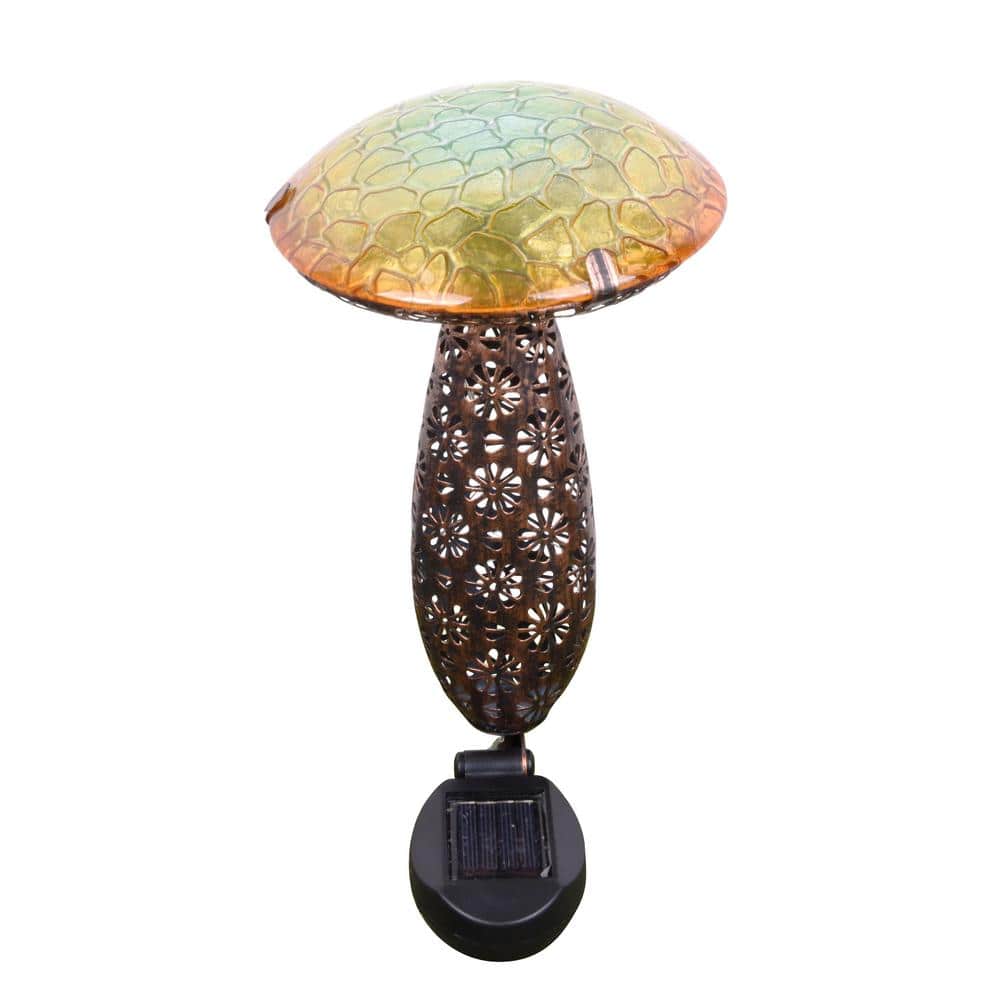 Yellow and Green Metal and Glass Solar Mushroom Stake with LED