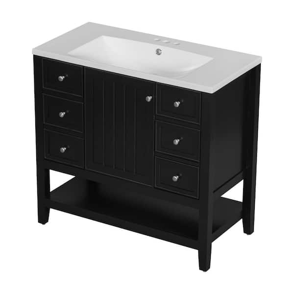 36 in. Black Wood Rectangle Vessel Sink Bathroom Vanity Combo with 1-Cabinet and 3-Drawers